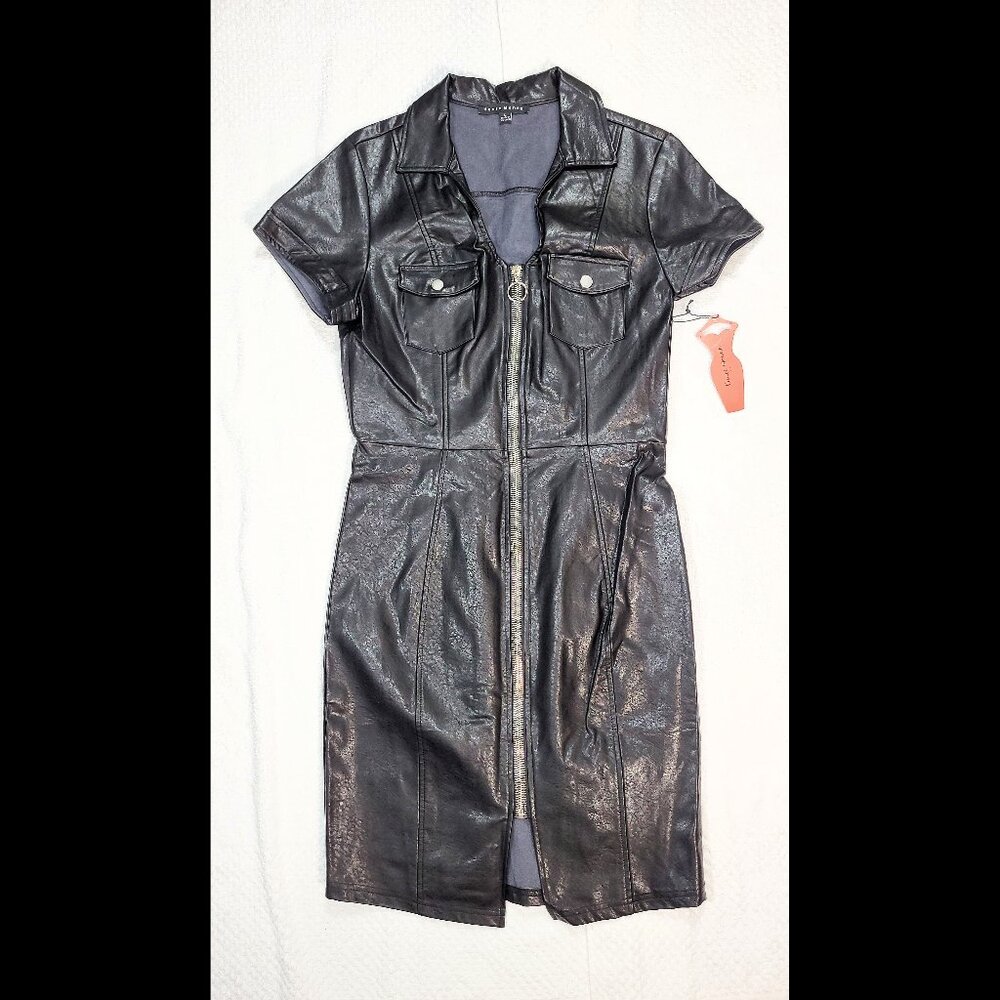 NWT Women's Haute Monde Size L Black Faux Leather Cap Sleeve Front Zipper Dress